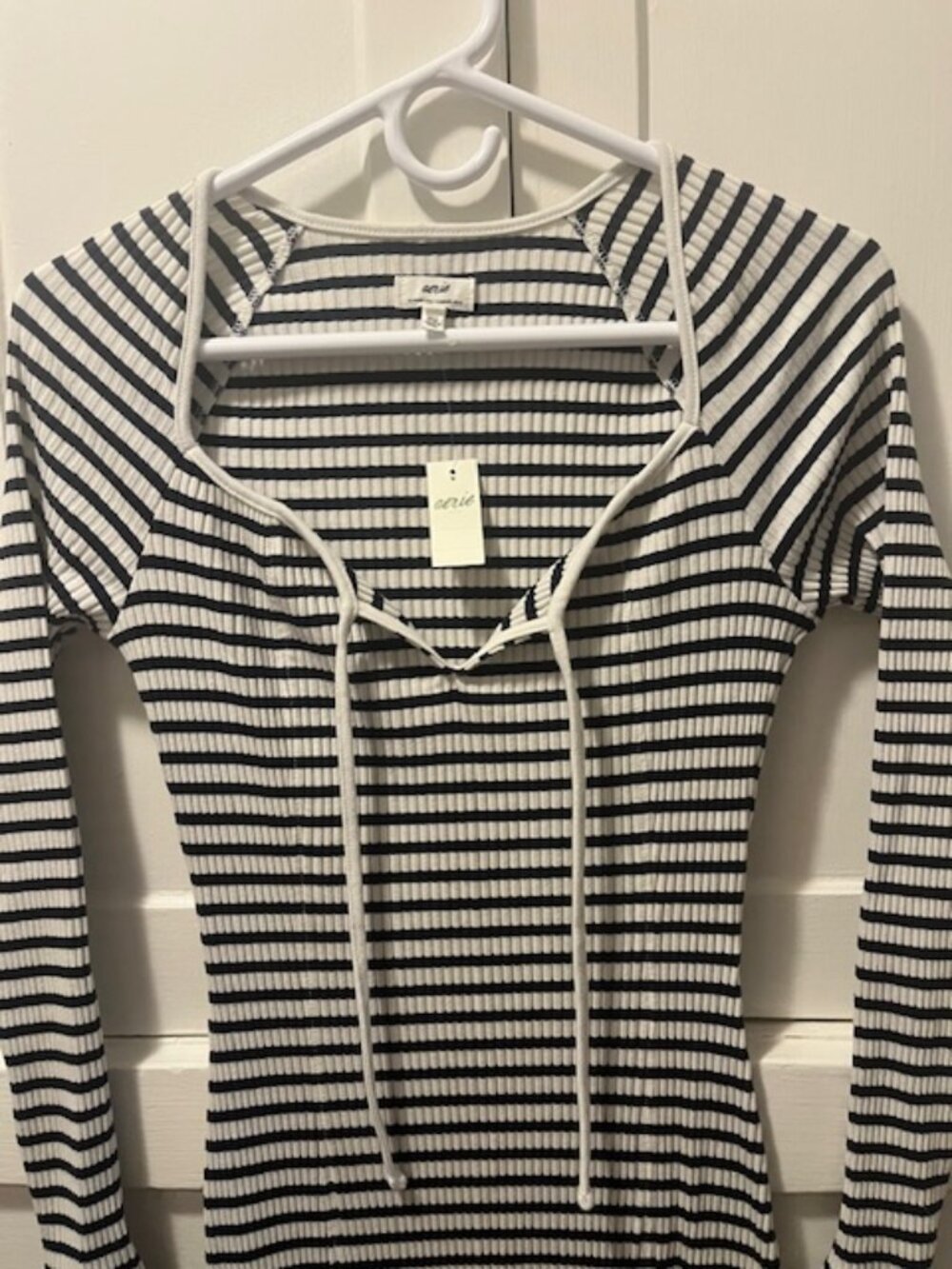 Aerie Ribbed Maxi Dress Navy White Stripe Tie Neck - XS (NWT) - Picture 6 of 6